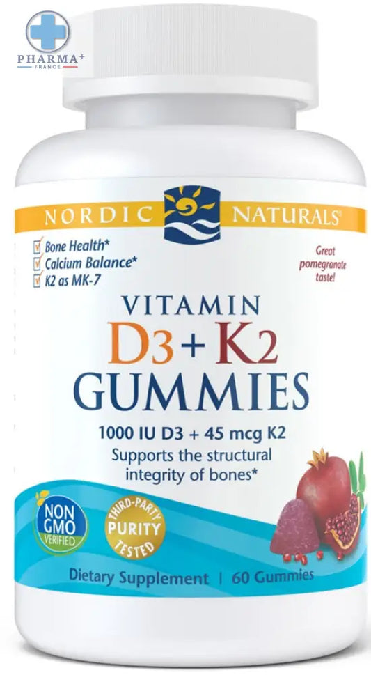 Bouteille en plastique blanc de nordic naturals gummies d3+k2 avec étiquette orange et bleue pour santé des os