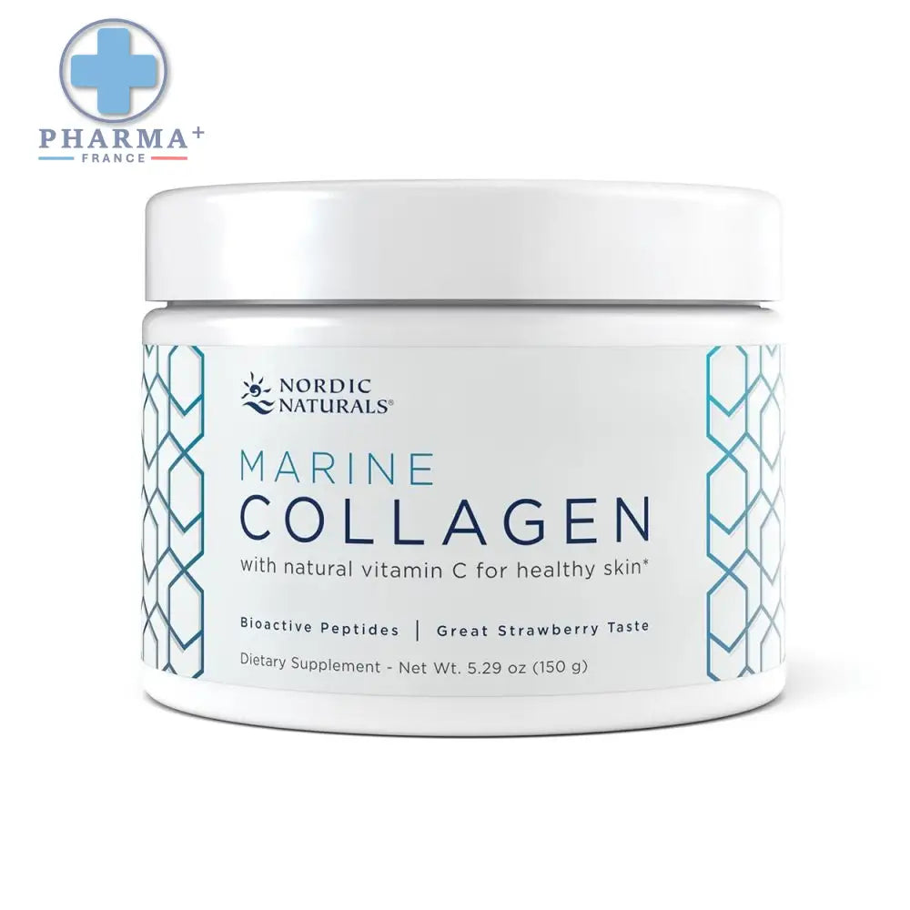 Contenant blanc cylindrique de nordic naturals marine collagène marin en poudre 150 g avec étiquette géométrique teal