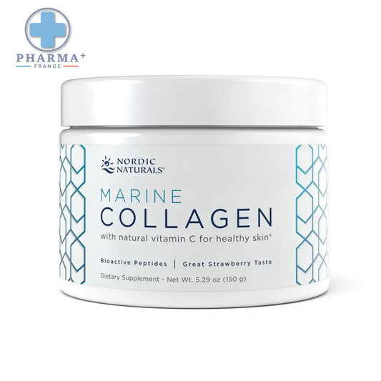 Contenant blanc cylindrique de nordic naturals marine collagène marin en poudre 150 g avec étiquette géométrique teal