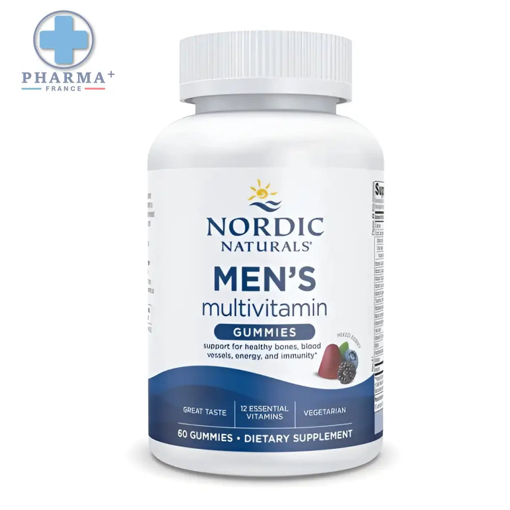 Bouteille blanche en plastique de nordic naturals men’s multivitamin gommes végétariennes avec étiquette bleue et 60 unités