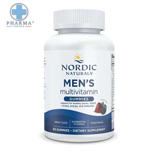 Bouteille blanche en plastique de nordic naturals men’s multivitamin gommes végétariennes avec étiquette bleue et 60 unités