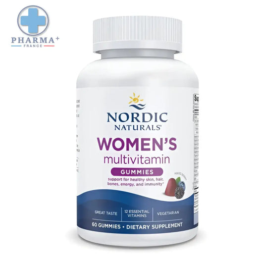 Bouteille blanche de gummies nordic naturals multivitamines pour femmes avec étiquette bleue et violette 60 unités