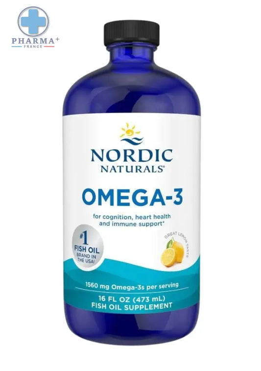 Nordic naturals oméga-3 complément citron 1560mg en flacon en verre bleu profond avec étiquette citron