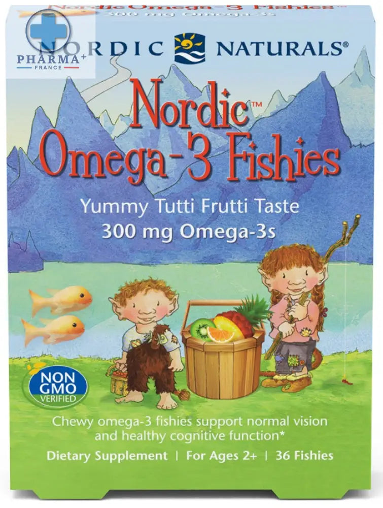 Boîte colorée de nordic naturals nordic omega-3 enfants saveur tutti frutti avec enfants et poissons dessinés