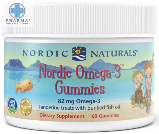 Pot en plastique blanc de nordic naturals nordic omega 3 gummies pour enfants 60 unités avec étiquette colorée enfant et poisson