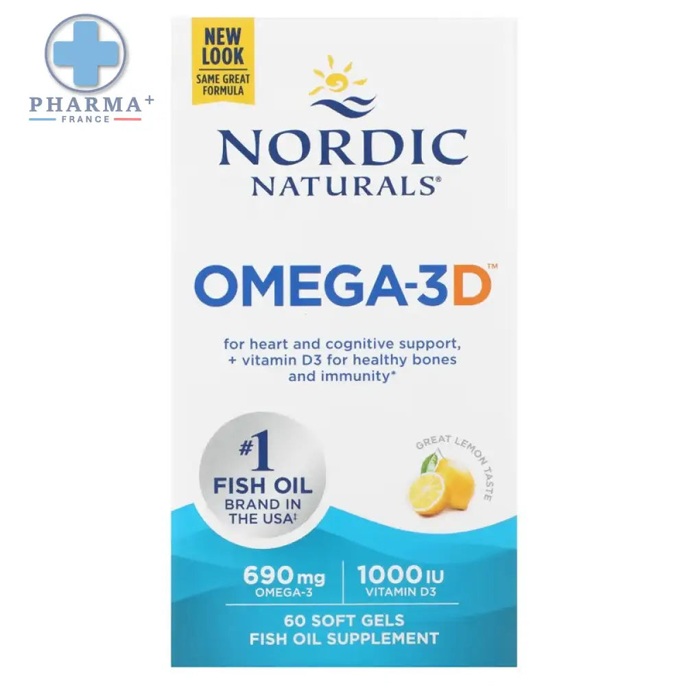 Nordic naturals oméga-3d complément huile de poisson 690mg lemon dans une boîte blanche et bleue