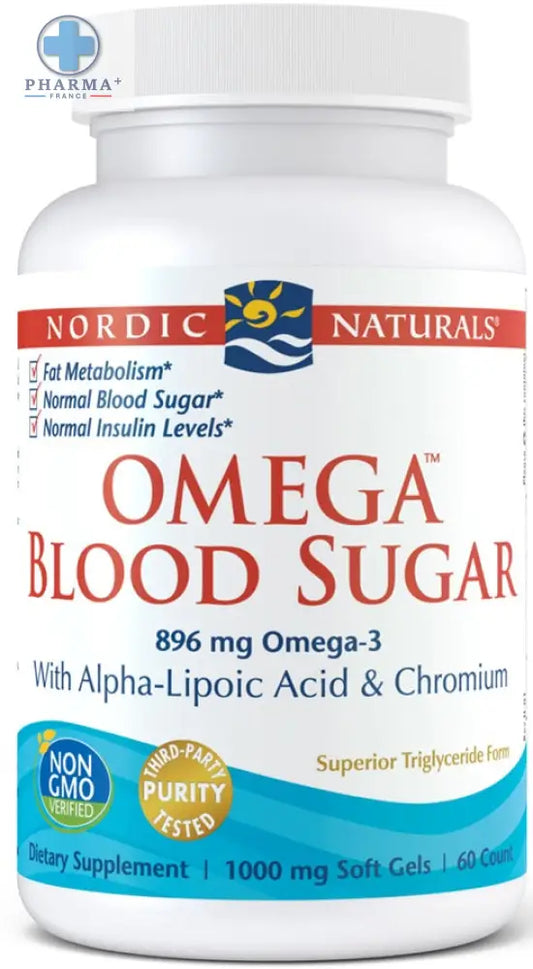 Bouteille blanche en plastique de nordic naturals oméga blood sugar complément glycémie avec étiquettes rouge et bleu