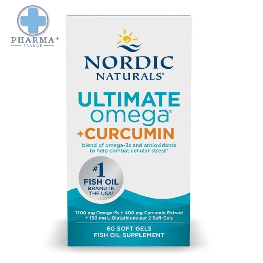 Boîte de complément alimentaire nordic naturals oméga curcumin 60 capsules avec packaging teal et blanc