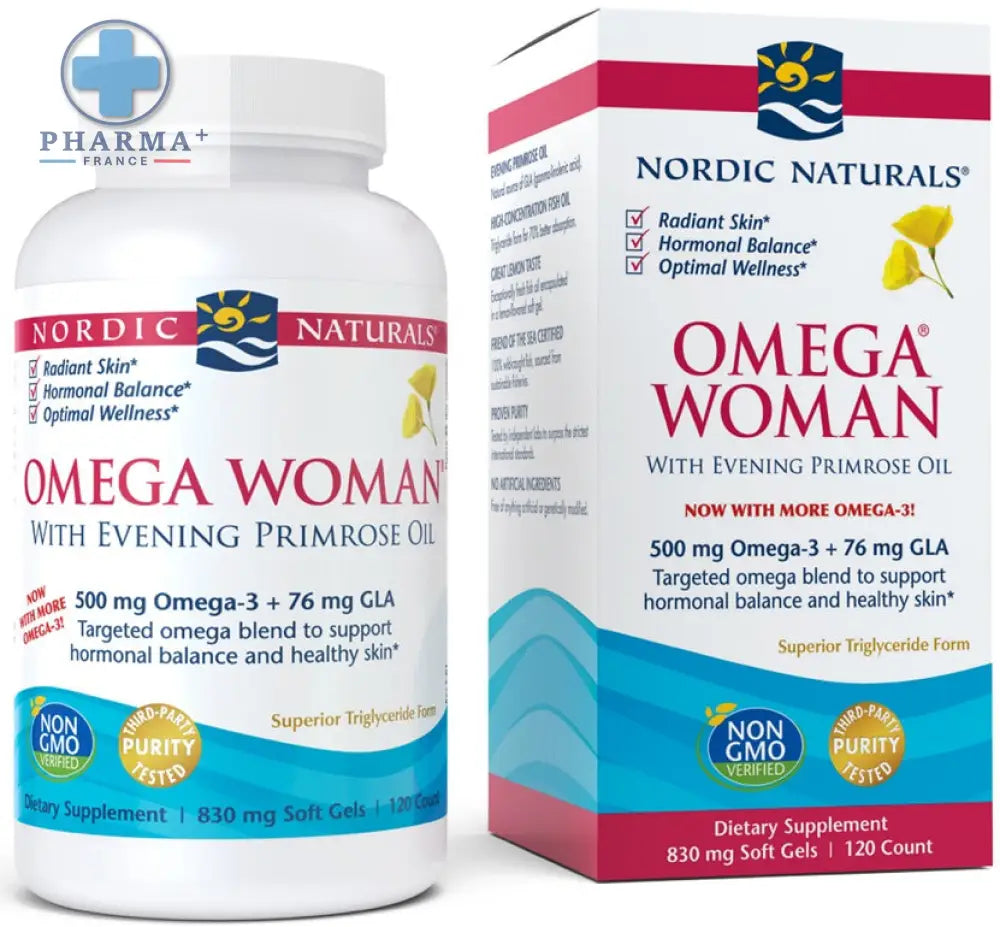 Nordic naturals oméga woman huile d onagre 120 capsules en flacon blanc avec boîte rose et bleue