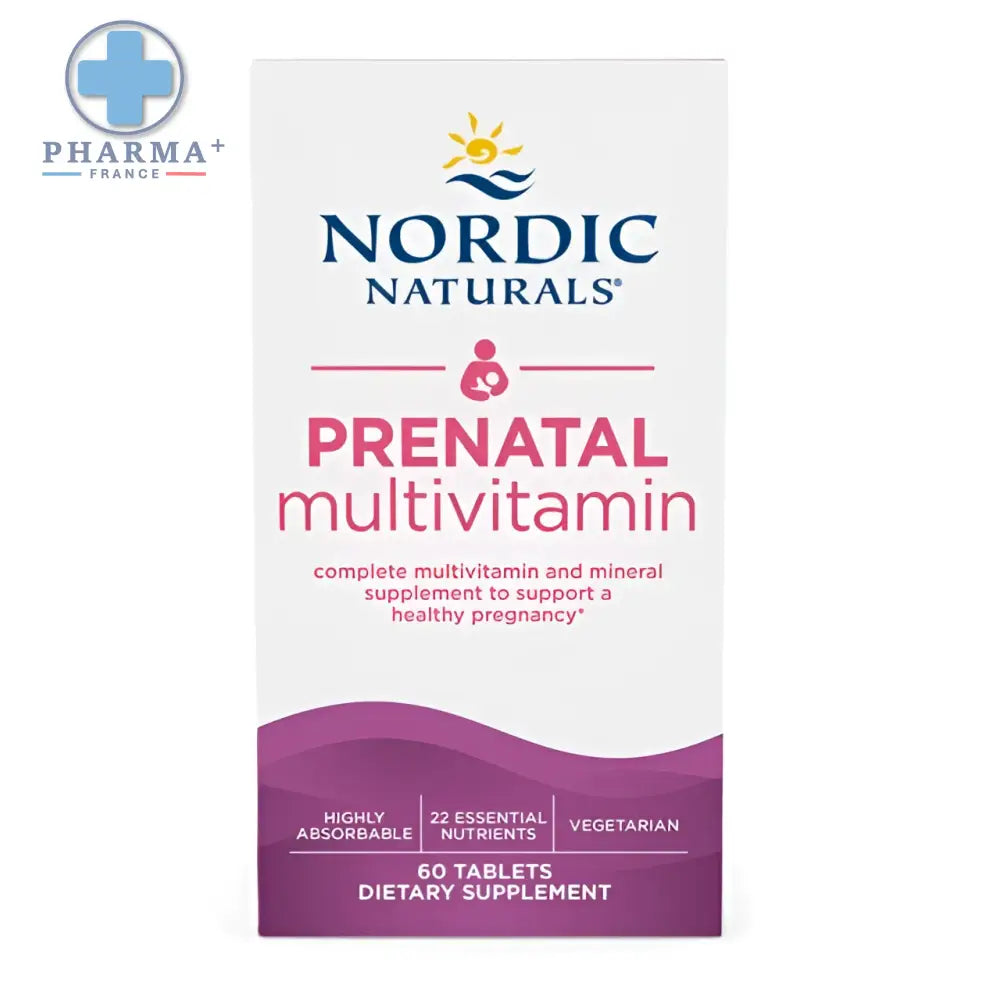 Boîte nordic naturals prenatal multivitamin avec design blanc et violet et logo soleil au-dessus du nom de la marque