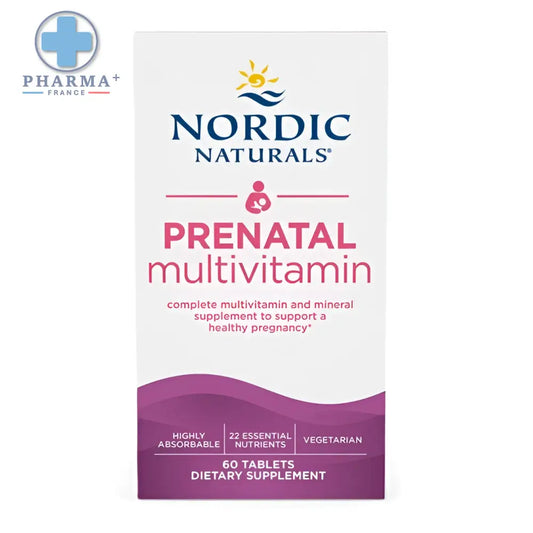 Boîte nordic naturals prenatal multivitamin avec design blanc et violet et logo soleil au-dessus du nom de la marque
