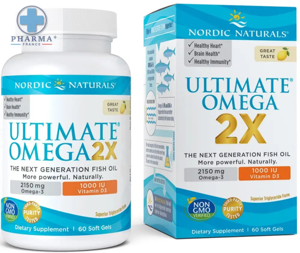 Bouteille blanche en plastique de nordic naturals ultimate omega 2x complément huile de poisson 60 capsules avec étiquette bleue et dorée