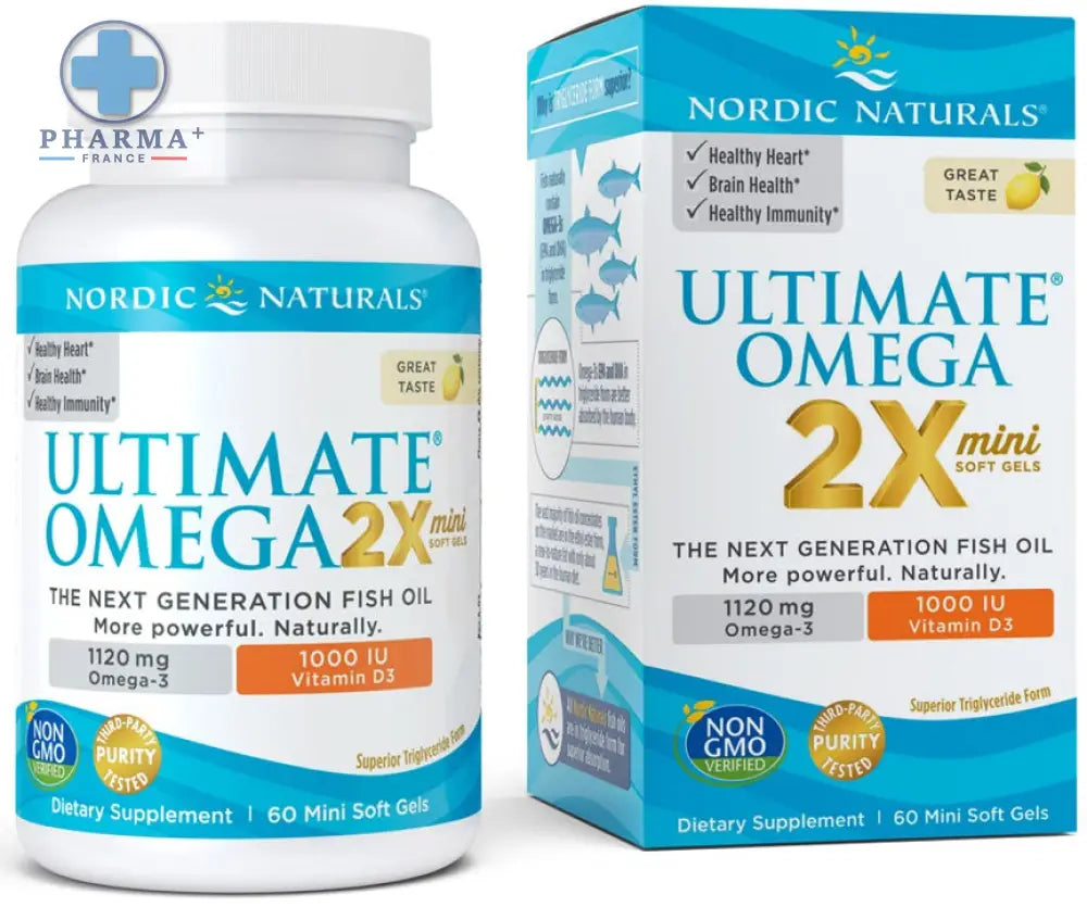 Nordic naturals ultimate omega 2x mini complément alimentaire 60 gélules en bouteille blanche et boîte bleue avec accents or et orange