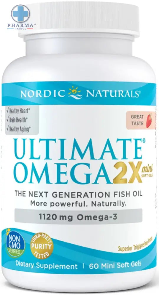 Bouteille blanche en plastique de nordic naturals ultimate omega 2x mini compléments oméga 3 60 capsules avec étiquette bleue et blanche