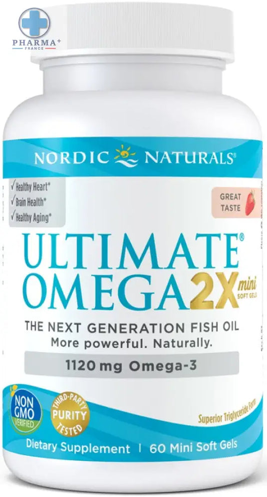 Bouteille blanche en plastique de nordic naturals ultimate omega 2x mini compléments oméga 3 60 capsules avec étiquette bleue et blanche