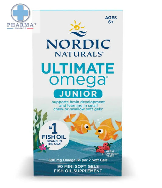 Boîte blanche et bleue de nordic naturals ultimate oméga 3 enfants fraise avec 90 mini gélules en forme de poisson cartoon