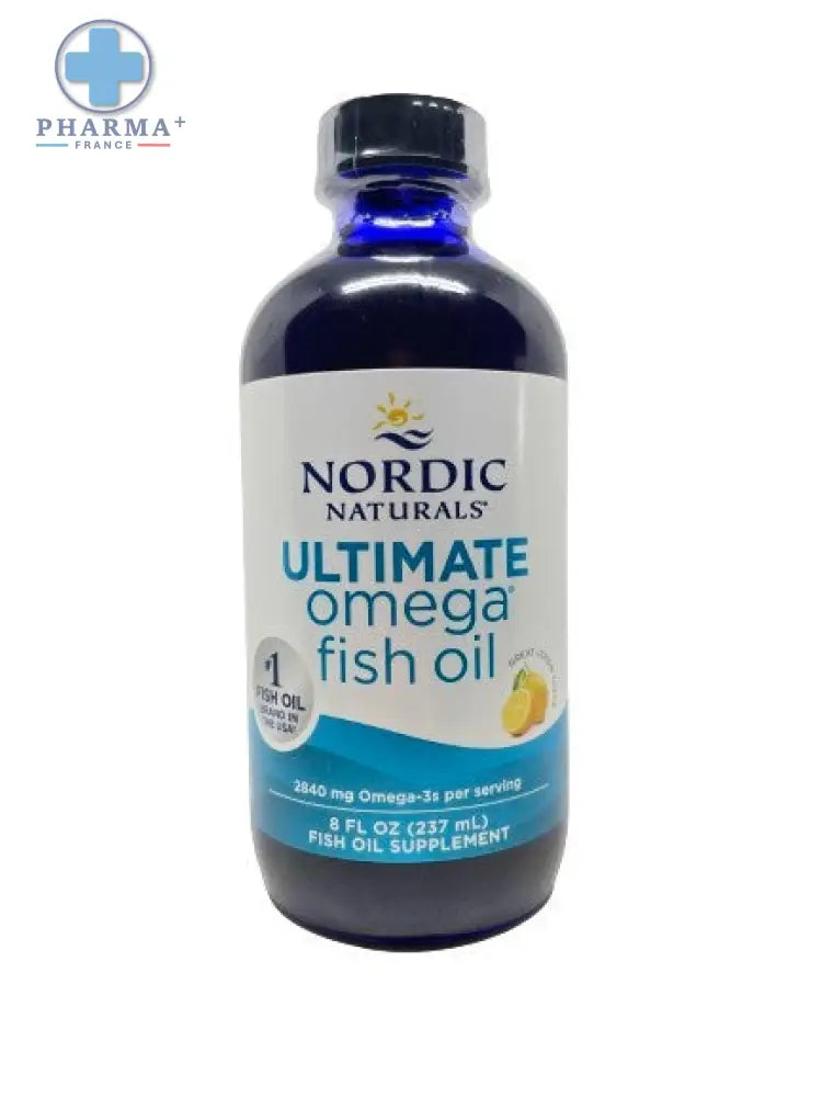Nordic naturals ultimate oméga 3 huile de poisson en flacon verre bleu foncé 237 ml avec étiquette blanche et accents teal