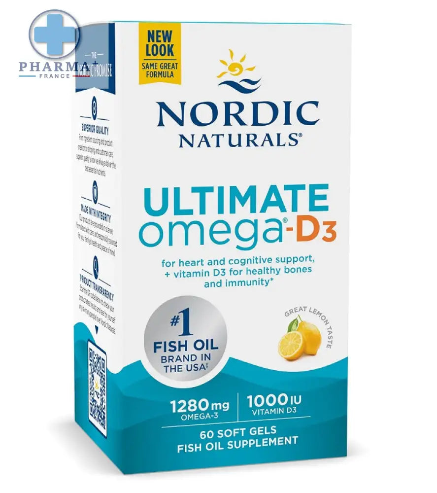 Boîte de nordic naturals ultimate oméga 3 saveur citron teal et blanc contenant 60 gélules dhuile de poisson