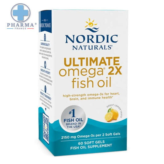 Nordic naturals ultimate omega complément huile de poisson citron 60 capsules dans une boîte blanche et verte avec lettres dorées