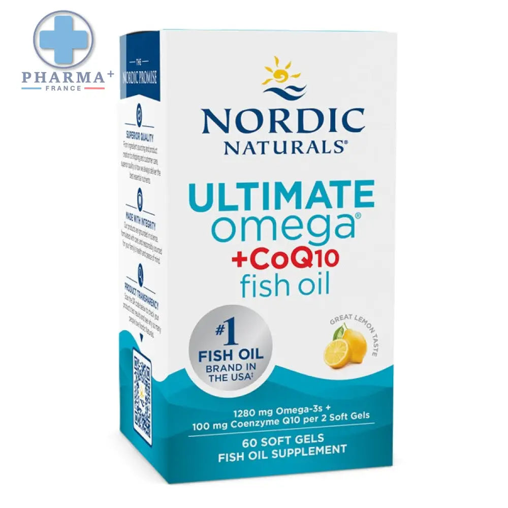 Boîte blanche et teal de nordic naturals ultimate omega coq10 complément huile de poisson citron avec images de citron