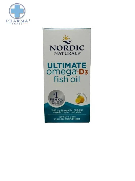 Boîte blanche et teal avec accents orange du complément huile de poisson nordic naturals ultimate omega d3 60 capsules
