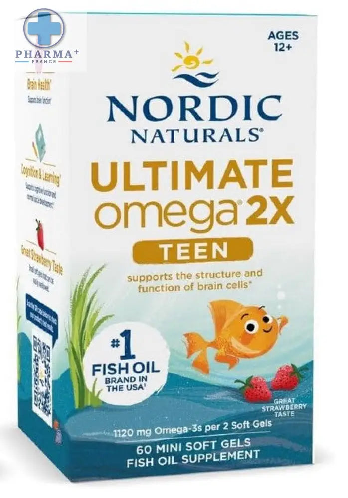 Boîte blanche et bleue de nordic naturals ultimate omega huile de poisson adolescent fraise 60 unités avec poisson orange cartoon