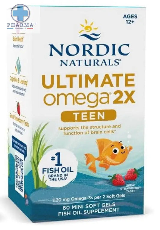 Boîte blanche et bleue de nordic naturals ultimate omega huile de poisson adolescent fraise 60 unités avec poisson orange cartoon