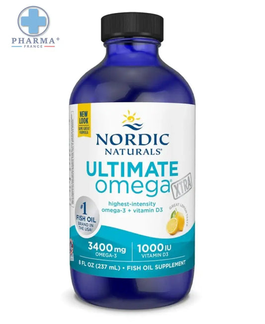 A blue glass bottle of nordic naturals ultimate omega fish oil supplement with black cap and teal accented label