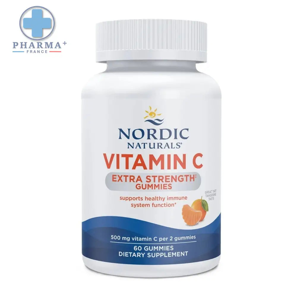 Bouteille blanche en plastique de nordic naturals extra strength gummies vitamine c avec bouchon blanc côtelé et design vague bleu
