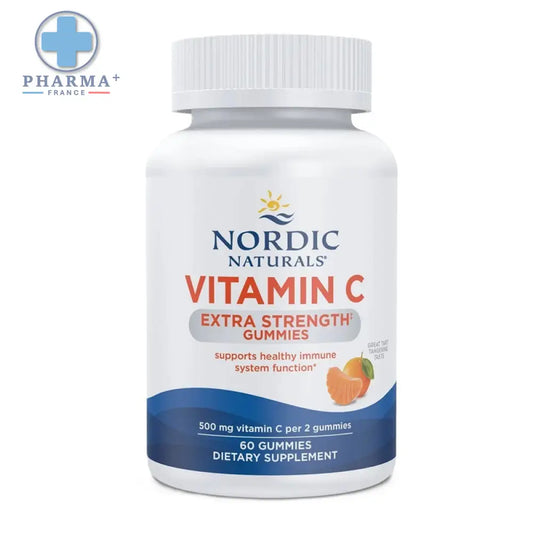 Bouteille blanche en plastique de nordic naturals extra strength gummies vitamine c avec bouchon blanc côtelé et design vague bleu