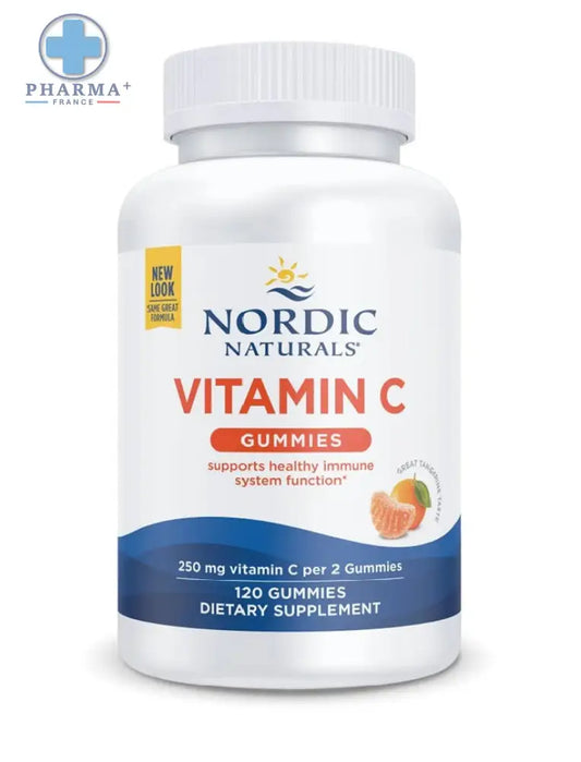 Bouteille blanche en plastique de nordic naturals vitamine c gommes 250mg saveur tangerine 60 unités avec bouchon cannelé blanc et design bleu ondulé