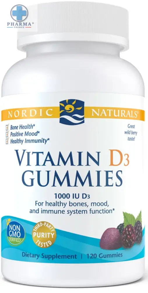 Bouteille blanche de gommes vitamine d3 1000 ui nordic naturals avec accents bleu et orange saveur wild berry