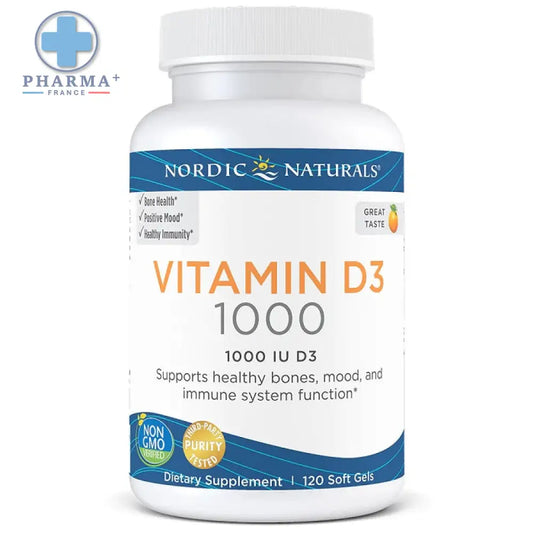 Bouteille blanche en plastique de nordic naturals vitamine d3 1000 ui capsules molles pour soutien immunitaire