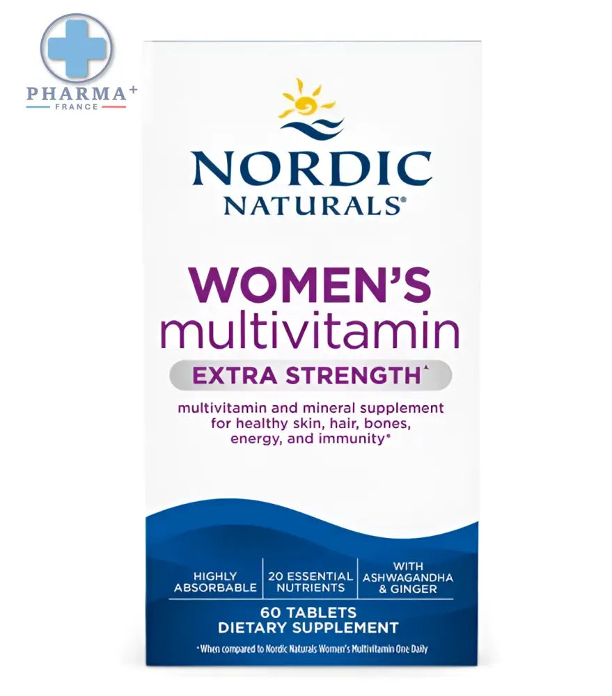 Boîte blanche et bleue de nordic naturals women’s multivitamin extra forte avec texte violet de 60 unités