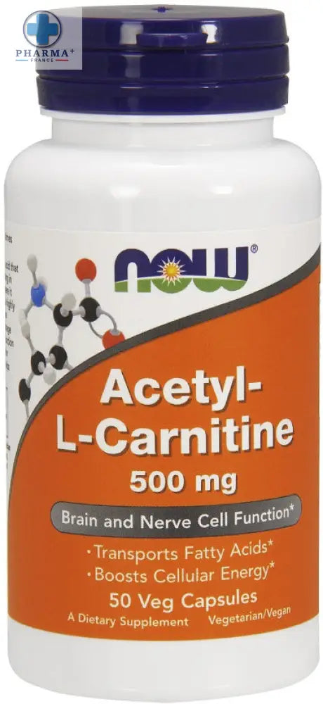 Bouteille plastique blanche avec bouchon violet et étiquette orange now foods acetyl-l-carnitine 500 mg soutien cérébral