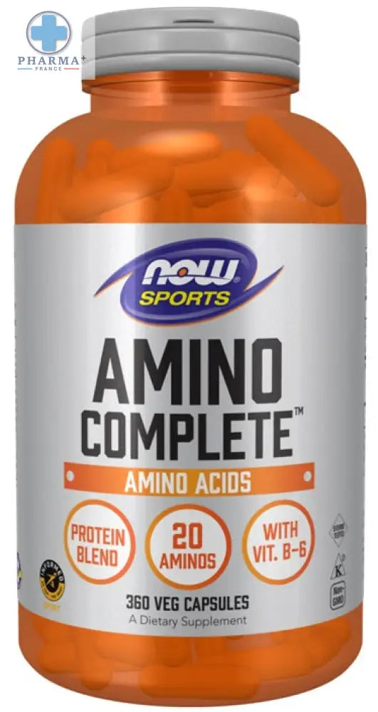 Bouteille orange now foods amino complete avec capsule végétale et étiquette blanche pour complément alimentaire