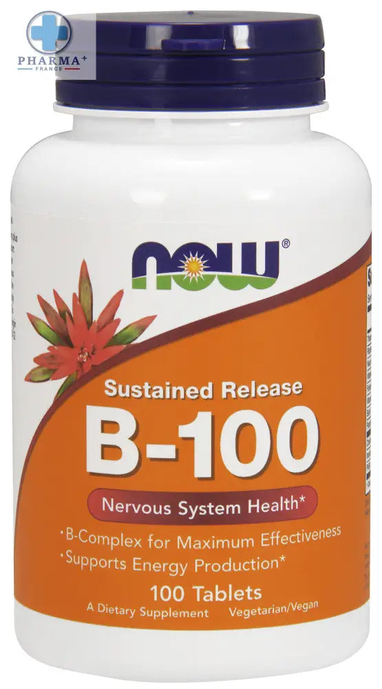 Bouteille plastique blanche avec bouchon bleu foncé et étiquette orange now foods b-100 sustained release 100 comprimés