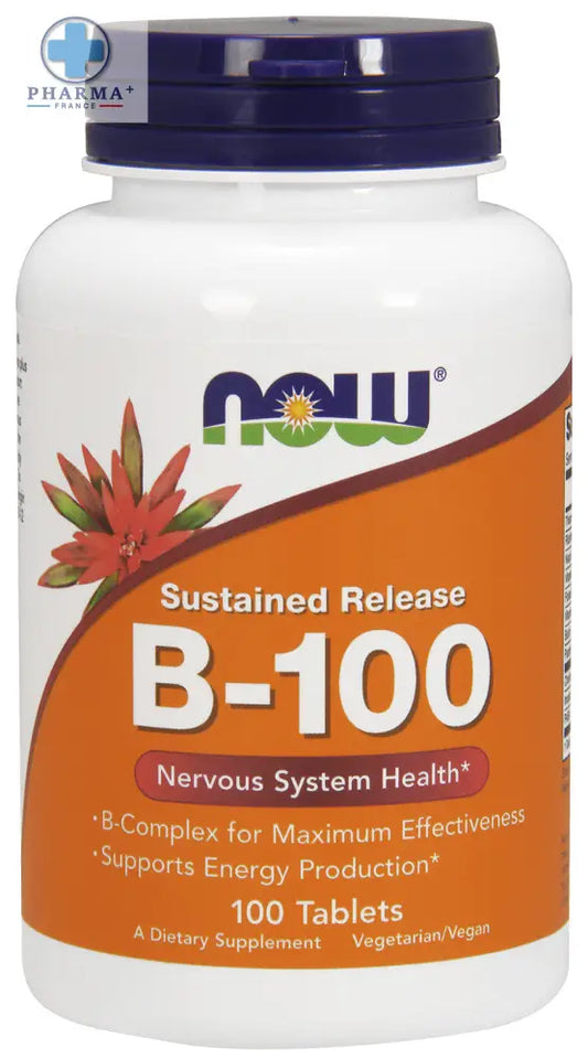 Bouteille plastique blanche avec bouchon bleu foncé et étiquette orange now foods b-100 sustained release 100 comprimés