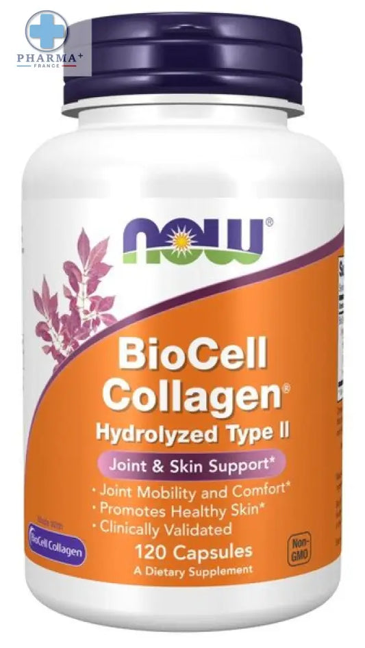 Bouteille blanche en plastique avec bouchon violet et étiquette orange de now foods biocell collagène hydrolysé type ii 120 capsules