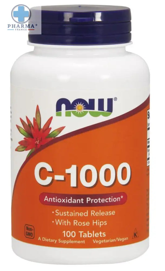 Bouteille blanche en plastique avec bouchon bleu foncé et étiquette orange now foods avec rose hips contient 100 comprimés antioxydants c-1000