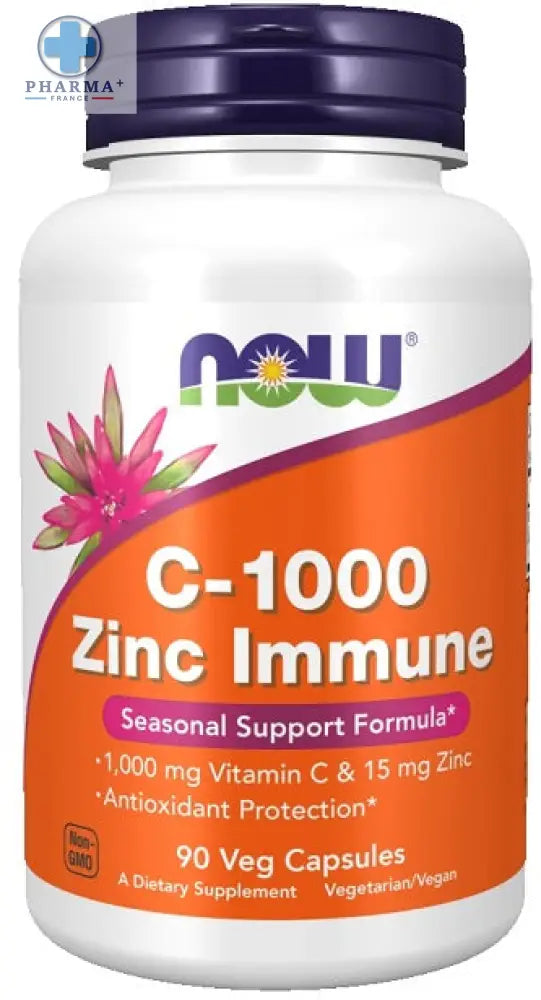 Bouteille blanche en plastique avec bouchon violet et étiquette orange de now foods c-1000 zinc immune 100 gélules