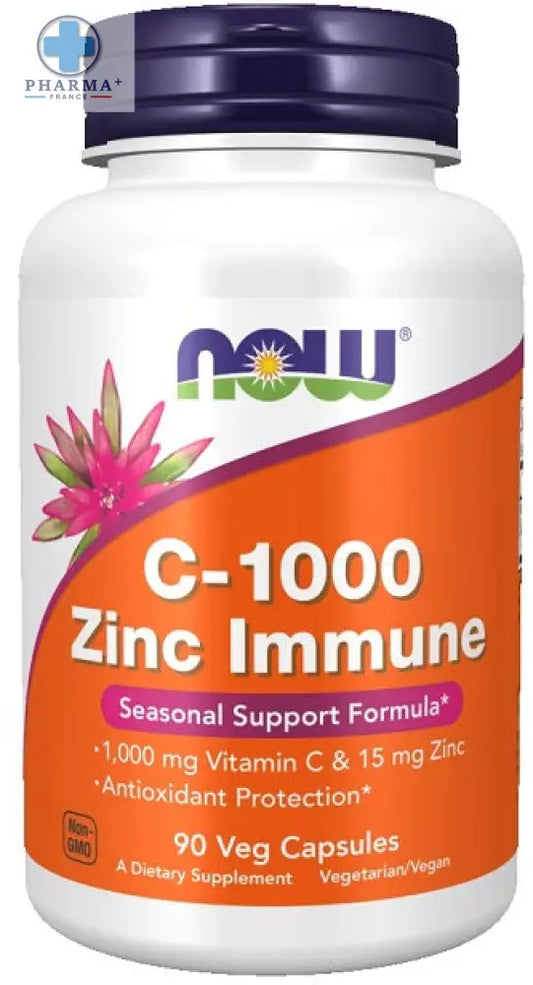 Bouteille blanche en plastique avec bouchon violet et étiquette orange de now foods c-1000 zinc immune 100 gélules
