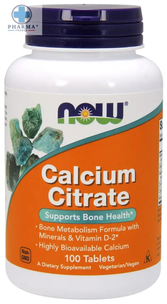 Bouteille plastique blanche à bouchon violet avec étiquette orange now foods calcium citrate comprimés santé des os