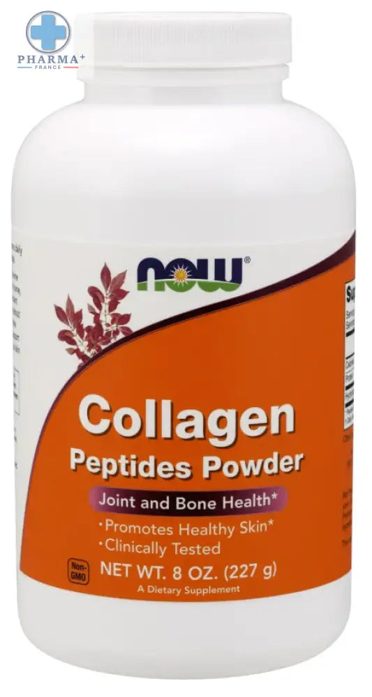 Bouteille blanche en plastique de peptides poudre collagène now foods avec étiquette orange et informations produit 227 g