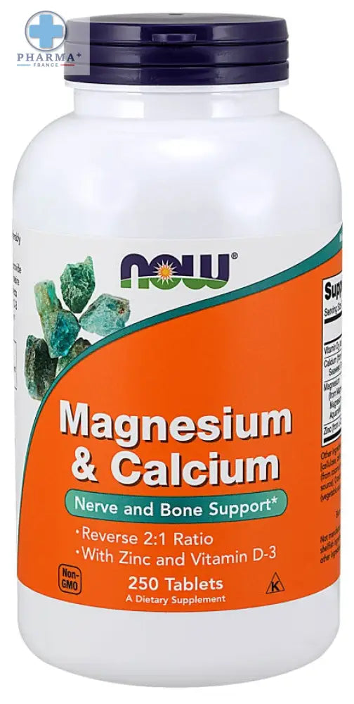 Bouteille plastique blanche avec bouchon violet et étiquette orange now foods complément alimentaire magnésium et calcium avec zinc 100 unités