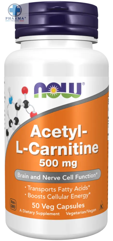 Image de la bouteille de Now Foods complément alimentaire Acetyl-L-Carnitine 50 gélules végétales pour soutien cerveau et nerfs