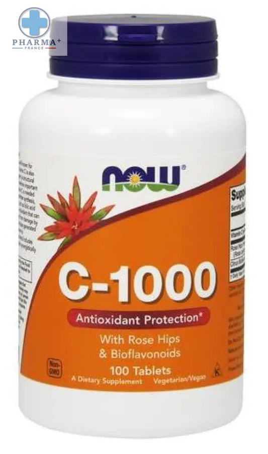 Bouteille plastique blanche avec bouchon violet et étiquette orange de now foods vitamine c-1000 avec rose et cynorrhodon