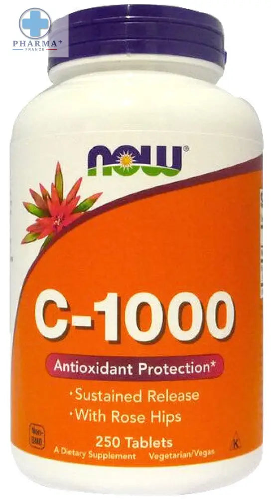 Bouteille en plastique blanc avec bouchon violet et étiquette orange du complément now foods vitamine c-1000 avec rose hips