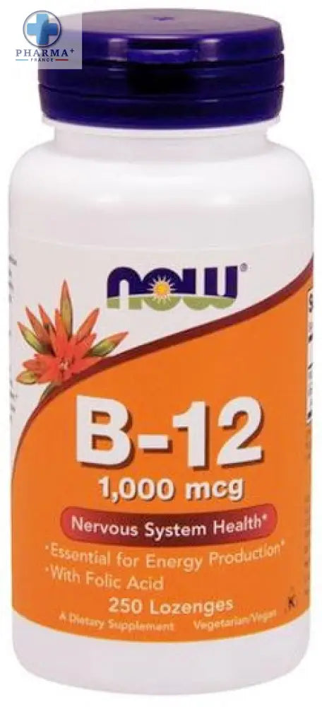 Bouteille en plastique blanc avec bouchon violet et étiquette orange now foods complément b12 avec folic acid