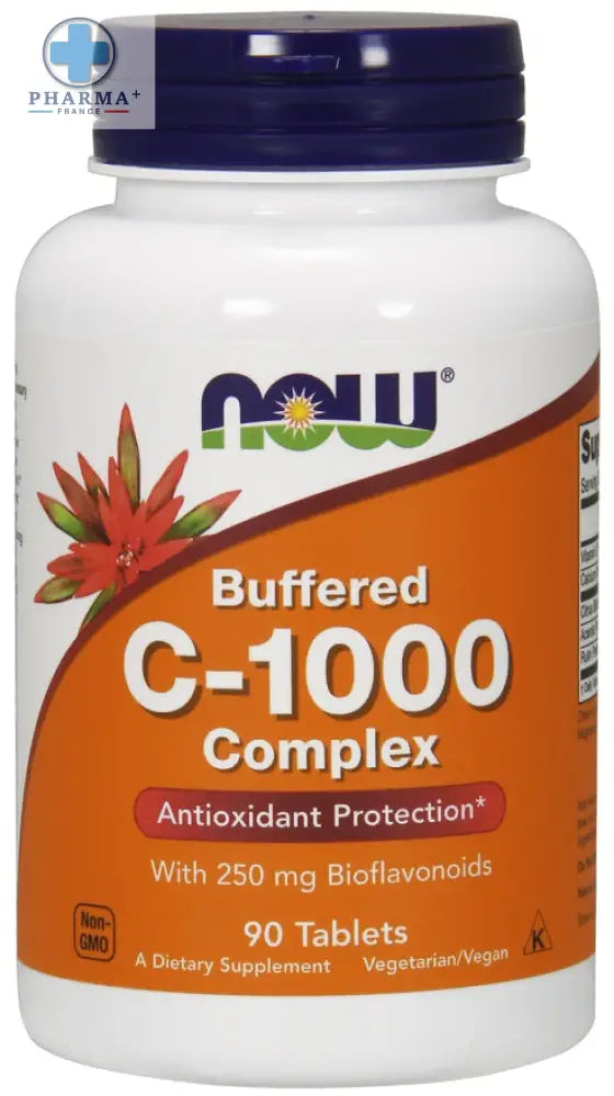 Bouteille en plastique blanc avec bouchon bleu foncé et étiquette orange now foods avec 250mg bioflavonoïdes buffer c-1000 complex